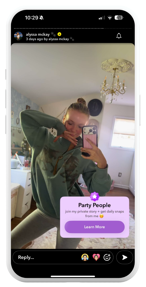 Snapchat story with a Creator Subscriptions prompt to join a creator's private story