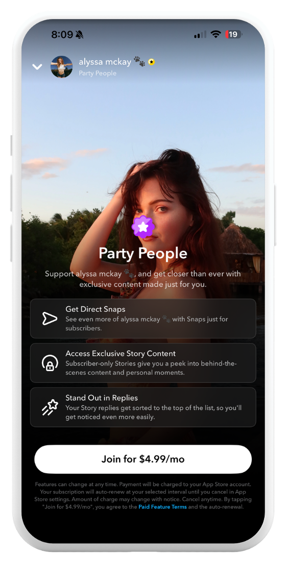 Snapchat Creator Subscriptions paywall screen showing subscription benefits and pricing